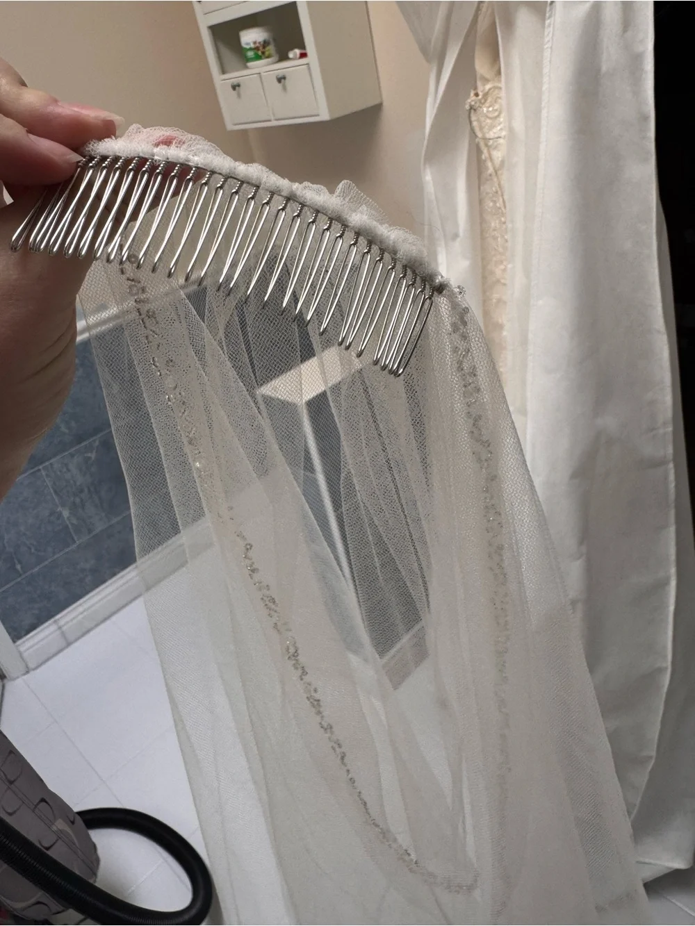 Delicate White Sheer Hair Bridal Veil with Subtle Beaded Trim